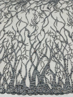 Load image into Gallery viewer, Silver Vine with heavy beading on a mesh lace-sold by the yard.

