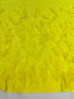 Load image into Gallery viewer, Neon yellow sequin stretch velvet with feathers , 4-Way stretch  fabric by the yard 60" Wide
