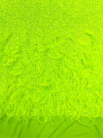 Load image into Gallery viewer, Neon green sequin stretch velvet with feathers , 4-Way stretch  fabric by the yard 60" Wide
