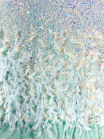 Load image into Gallery viewer, Mint green sequin stretch velvet with feathers , 4-Way stretch  fabric by the yard 60" Wide

