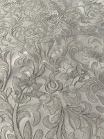 Load image into Gallery viewer, Silver scalloped beautiful lace 53” wide great for dresses, tablecloth and much more
