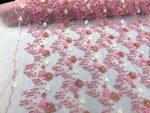 Load image into Gallery viewer, Pink 3d multi color chiffon flowers embroidery with pearls chevron design on a mesh lacescalloped, sold by the yard 54” wide
