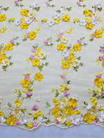Load image into Gallery viewer, Yellow Multi color 3d floral Daisy design embroider with pearls in a mesh lace fabric -sold by the yard.
