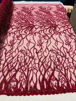 Load image into Gallery viewer, Burgundy Vine with heavy beading on a mesh lace-sold by the yard.
