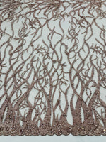 Load image into Gallery viewer, Rose gold Vine with heavy beading on a mesh lace-sold by the yard.
