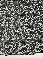 Load image into Gallery viewer, Black metallic corded embroider flowers with sequins on a mesh lace fabric
