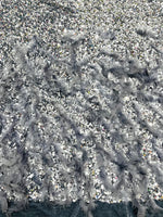 Load image into Gallery viewer, Silver sequin stretch velvet with feathers , 4-Way stretch  fabric by the yard 60" Wide
