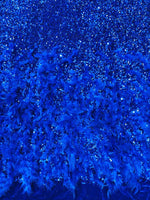 Load image into Gallery viewer, Blue sequin stretch velvet with feathers , 4-Way stretch  fabric by the yard 60" Wide
