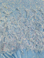 Load image into Gallery viewer, Light blue sequin stretch velvet with feathers , 4-Way stretch  fabric by the yard 60" Wide
