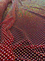 Load image into Gallery viewer, Rhinestone on red Mesh Shiny Crystal Fabric Rainbow Stretch Fabric
