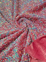Load image into Gallery viewer, Aqua pink Iridescent On pink stretch velvet with luxury sequins all over 5mm shining sequins 2-way stretch, sold by the yard.
