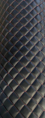 Load image into Gallery viewer, 2x2” diamond Vinyl Leather Faux smooth PVC Black Red stitch Quilted fabric 52" Wide
