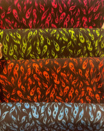 Load image into Gallery viewer, Mini flame on black stretch Spandex nylon fabric 4 way stretch by the yard 60” wide

