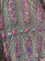 Load image into Gallery viewer, Candy Pink sequins gem on white mesh jewel Geometric Stretch Sequins Design on Mesh By Yard
