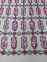 Load image into Gallery viewer, Candy Pink sequins gem on white mesh jewel Geometric Stretch Sequins Design on Mesh By Yard
