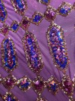 Load image into Gallery viewer, Purple sequin gem on lavender mesh jewel Geometric Stretch Sequins Design on Mesh By Yard
