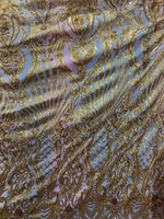 Load image into Gallery viewer, Gold sequin shell damask design on a 4 way stretch mesh fabric -prom-sold by the yard.
