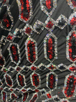 Load image into Gallery viewer, Red sequin gem black mesh jewel Geometric Stretch Sequins Design on Mesh By Yard
