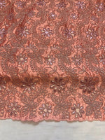 Load image into Gallery viewer, Peach corded  lace on sarin Floral with sequin scalloped Fabric Sold By The Yard

