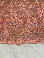 Load image into Gallery viewer, Peach corded  lace on sarin Floral with sequin scalloped Fabric Sold By The Yard
