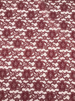 Load image into Gallery viewer, Burgundy rachelle lace flower mesh sheer polyester by the yard
