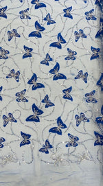 Load image into Gallery viewer, Royal Blue 3D butterfly embroider with beaded on a mesh lace fabric sold by yard
