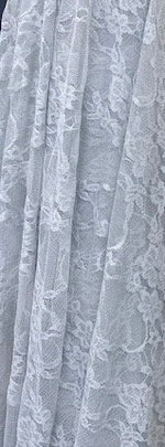 Load image into Gallery viewer, Silver Vintage Stretch Floral Lace fabric 4 way  By The Yard
