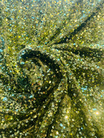Load image into Gallery viewer, Olive Sequin on Stretch Velvet 4-Way stretch fabric by the yard 60" Wide
