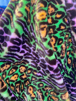 Load image into Gallery viewer, Purple / Green Multi colored Leopard Spotted shaggy short pile faux fur fabric by the yard
