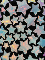 Load image into Gallery viewer, Aqua Iridescent sequin Stars On Black Stretch Velvet Fabric Sold By The Yard
