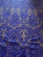 Load image into Gallery viewer, Royal floral damask 2 embroider and heavy beaded on a mesh lace fabric-sold by the yard
