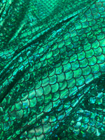 Load image into Gallery viewer, 4-Way Stretch Green Mermaid Hologram Spandex foil scales Fabric by the yard 58” wide
