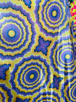 Load image into Gallery viewer, Tie dye purple Multi mystique on yellow stretch Spandex Fabric sold by the yard
