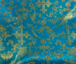 Load image into Gallery viewer, Turquoise with gold  Brocade cross floral Fabric By the Yard 54” wide
