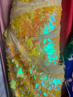 Load image into Gallery viewer, Iridescent Oval Tear Drop Sequins Fabric Irisdescent Yellow Mermaid Shiny Fabric By The Yard
