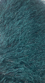 Load image into Gallery viewer, Teal green feather tinsel on mesh fabric per yard 60" wide
