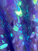 Load image into Gallery viewer, Iridescent Oval Tear Drop Sequins Fabric Irisdescent purple Mermaid Shiny Fabric By The Yard
