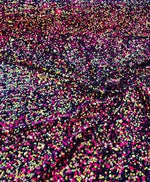 Load image into Gallery viewer, Fuchsia /gold Sequin on black Stretch Velvet 4-Way stretch fabric by the yard 60" Wide

