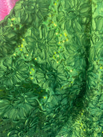 Load image into Gallery viewer, Green Satin floral with sequin fabric per yard
