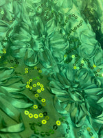 Load image into Gallery viewer, Green Satin floral with sequin fabric per yard

