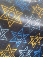 Load image into Gallery viewer, Hanukkah Star Blue/Gold mystique Spandex 4 way stretch 58" wide
