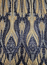Load image into Gallery viewer, Iridescent Navy/Gold Multi Color 4-way Stretch Iridescent Sequin Fabric Embroidered on Spandex Mesh Sold By The Yard

