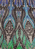 Load image into Gallery viewer, Iridescent Green /Black Multi Color 4-way Stretch Iridescent Sequin Fabric Embroidered on Spandex Mesh Sold By The Yard
