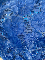 Load image into Gallery viewer, Blue Satin floral with sequin fabric per yard
