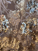 Load image into Gallery viewer, Gold embroidery floral with Sequins all over Sheer fabric 54” wide
