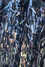 Load image into Gallery viewer, Sword shape black hologram sequins sewn on black mesh fabric sold by yard 56” wide
