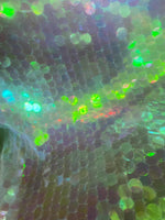Load image into Gallery viewer, Iridescent Shiny 20mm paillette sequin on mesh fabric sold by yard
