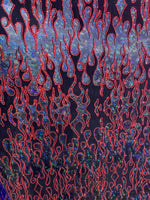Load image into Gallery viewer, Flames design hologram shattered glass with flocking metallic nylon spandex stretch58/60”sold by the yard
