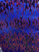 Load image into Gallery viewer, Flames design hologram shattered glass with flocking metallic nylon spandex stretch58/60”sold by the yard
