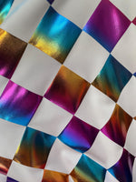Load image into Gallery viewer, Multi diamond foil on white spandex 4 way  fabric by the yard
